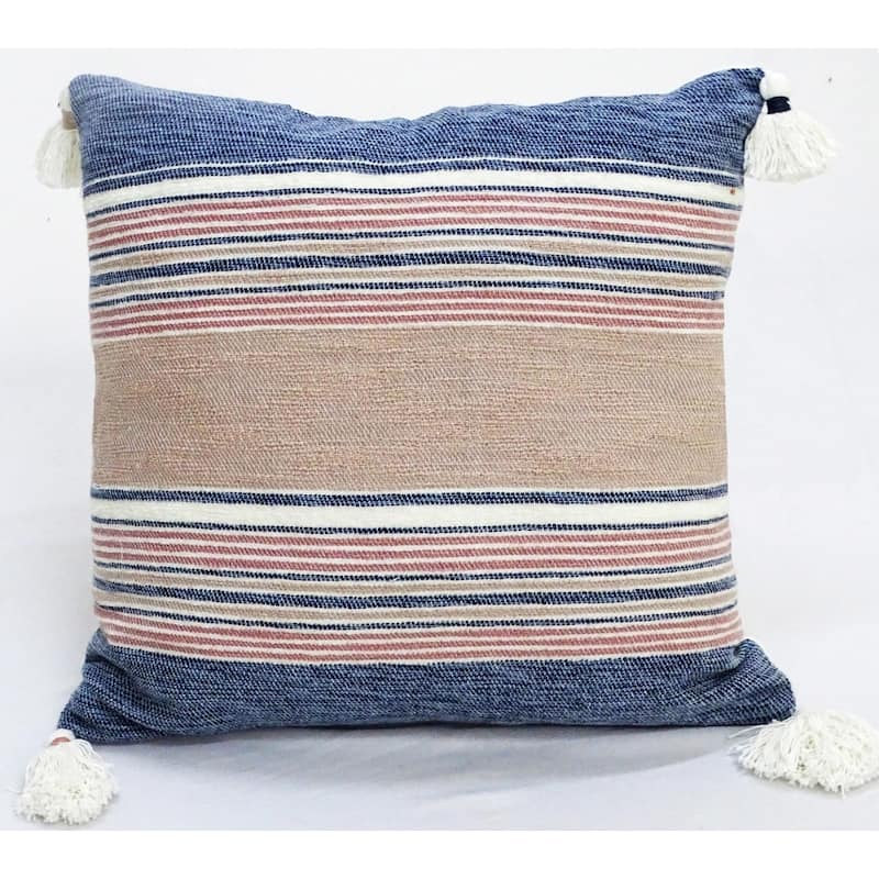 22" X 22" Blue And Tan Striped Handmade Throw Pillow With Tassels