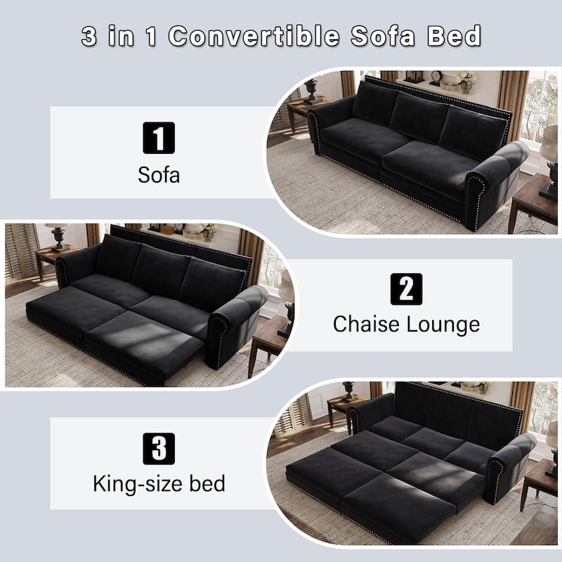93.7" King Pull Out Sofa Bed w/ Nailhead Trim & Rolled Arm for Living Room Bedroom - Black