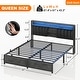 preview thumbnail 14 of 67, Upholstered Bed Frame with Storage Shelving, Platform Beds with Charge Station and LED Lights