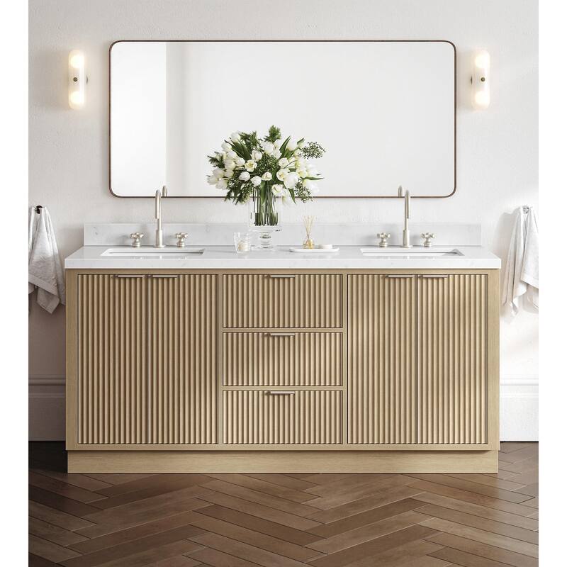 Ariel P72DCQRVO Milan 72" Free Standing Double Basin Vanity Set with - Oak / Carrara White Quartz / Brushed Nickel