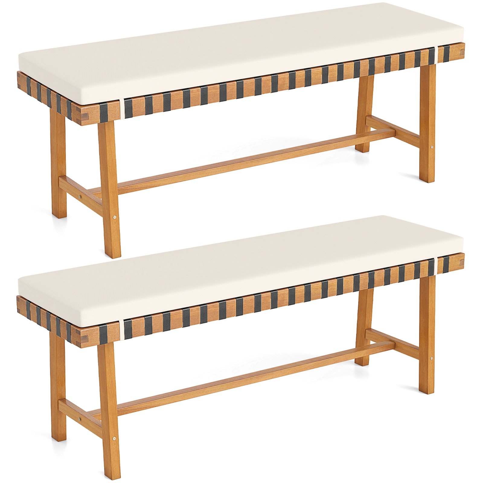 Gymax 2PCS 48'' Long Acacia Wood Outdoor Bench w/Thick Padded Seat