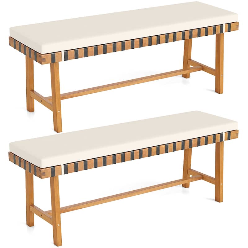 Gymax 2PCS 48'' Long Acacia Wood Outdoor Bench w/Thick Padded Seat - Natural, Off White