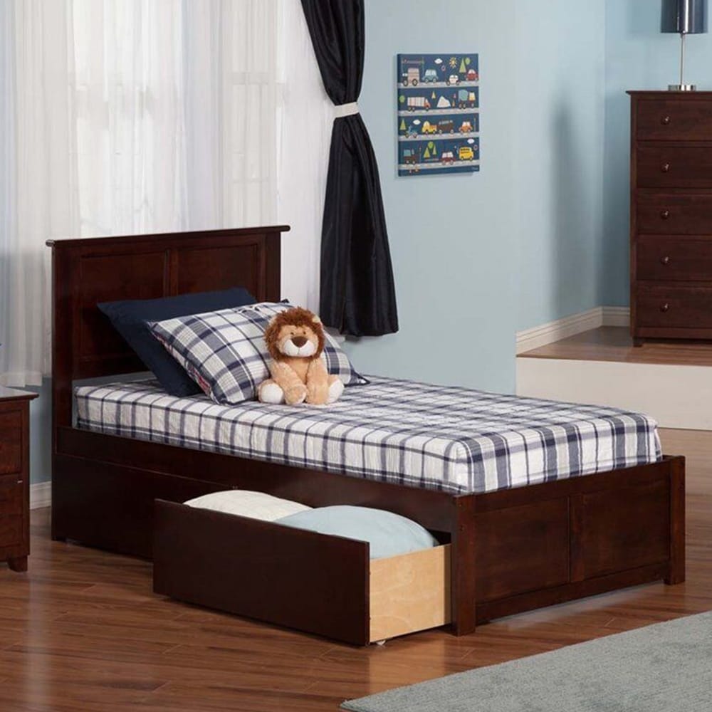 Twin XL Solid Wood Bed with Storage Drawers in Walnut