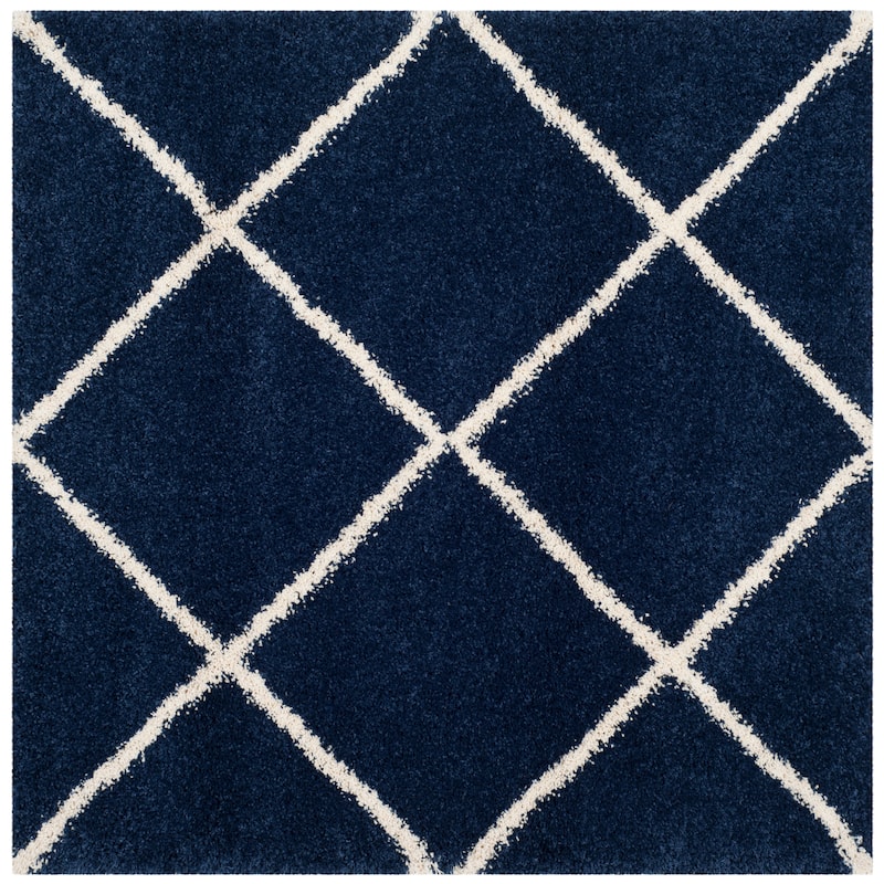 SAFAVIEH Hudson Shag Estella Diamond Trellis 2-inch Thick Rug - 5' x 5' Square - Navy/Ivory