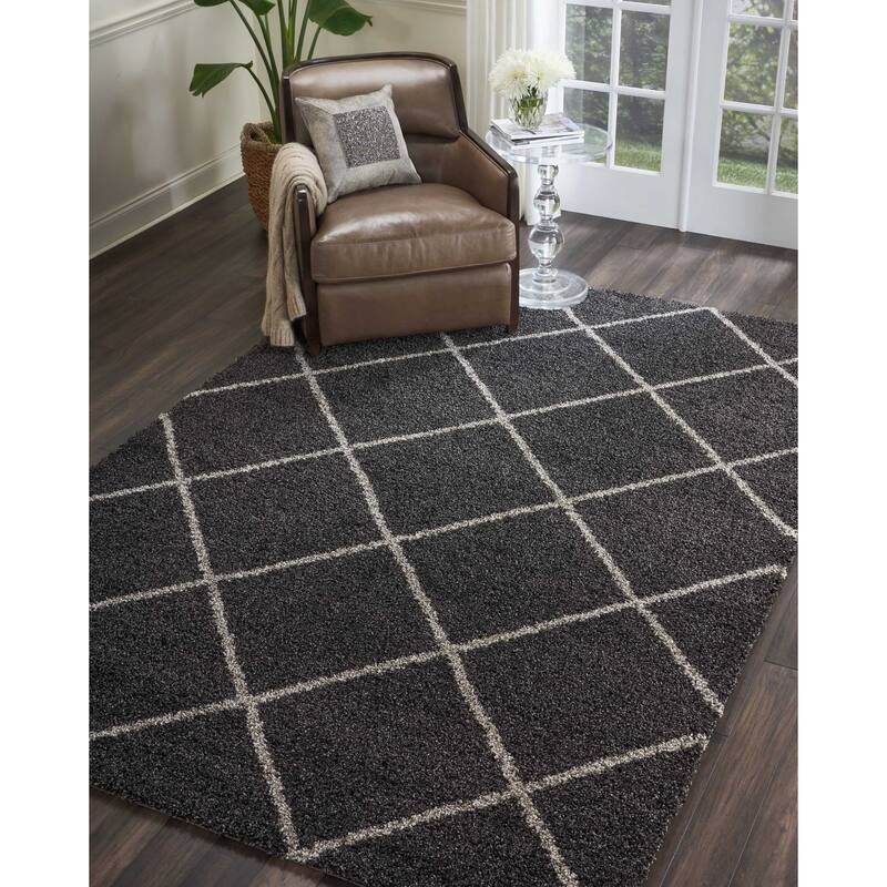 Nourison Brisbane Large Diamond Geometric Modern Shag Area Rug - 6' 7" x 9' 7" - Charcoal - Runner/Rectangle