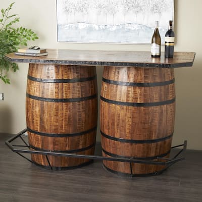 Brown Mango Wood Barrels Bar with Live Edge Tabletop and Black Metal Support - 30"W x 63"L x 40"H