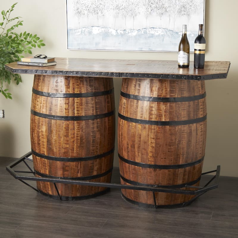 Mango Wood Barrels Bar with Live Edge Tabletop and Black Metal Support - Brown - Roche River Decor