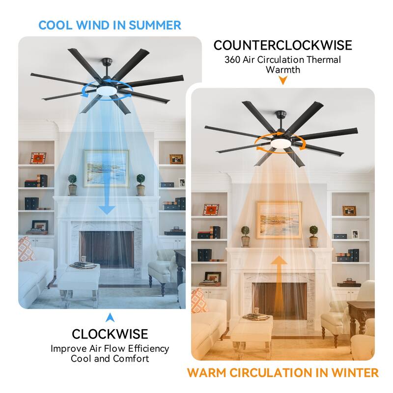 52/66/72/84 Inch Smart Ceiling Fan with Light ,Wall Switch, APP Control,Dimmable LED,8 Blades