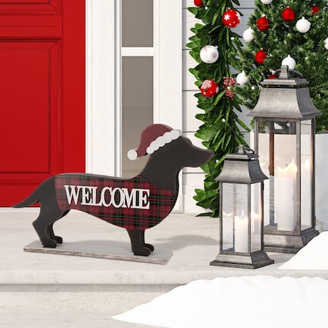 Glitzhome Wooden Christmas Double Sided Dachshund Porch Sign Decor