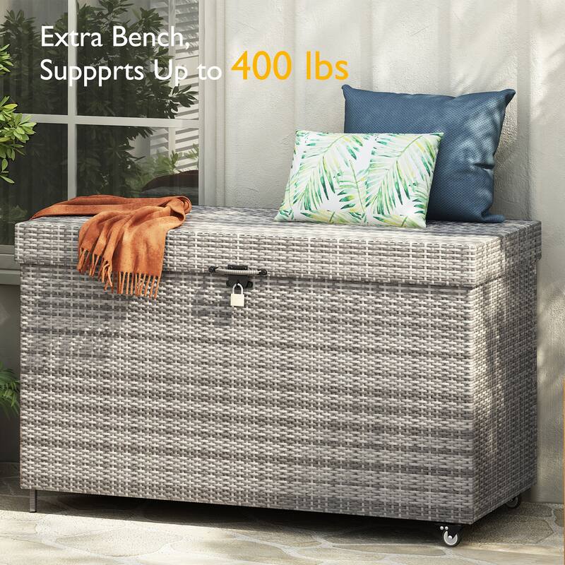 Black Heavy Duty Wicker Deck Box with 4 Wheels, Lockable Lid and Bench for Patio Poolside and Garden​