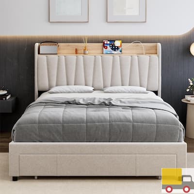 Upholstered Platform Bed with Charging Headboard, Storage Drawers