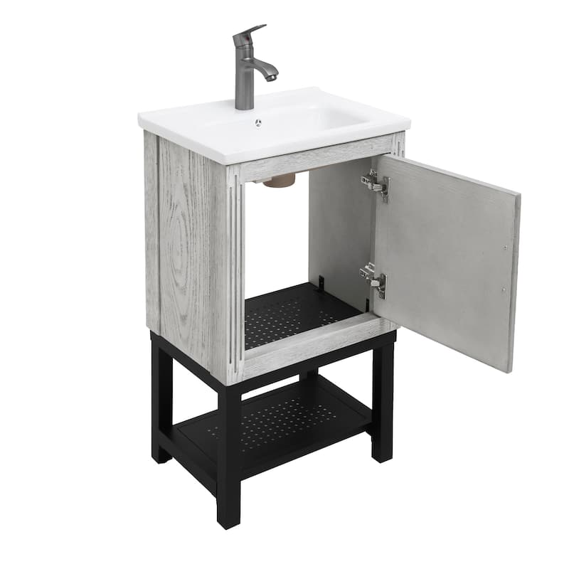 GDFStudio - CompactLine Modern Freestanding Bathroom Vanity with Ceramic Sink and Open Metal Shelf - 20 Inch