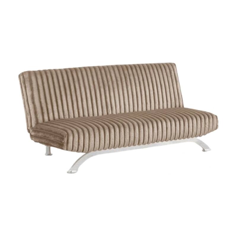 Villy Futon Sofa Bed, Chrome Metal Legs, Taupe Channel Tufted Fabric