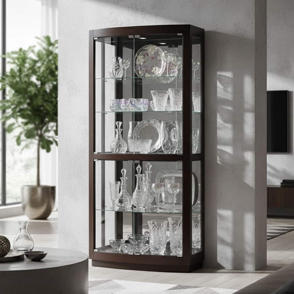 Howard Miller Bradington Contemporary Modern Sleek and Chic, Solid Wood & Glass, 5 Shelf, Tall Living Room Curio Cabinet