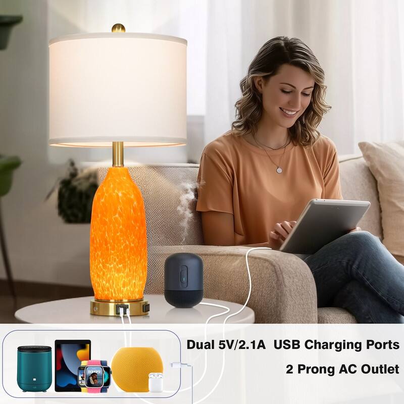 26" Orange Spot Glass Table Lamp with USB-C Charging, Dual Lighting & Metal Touch Switch(Set of 2) - 12'' x 12'' x 26''