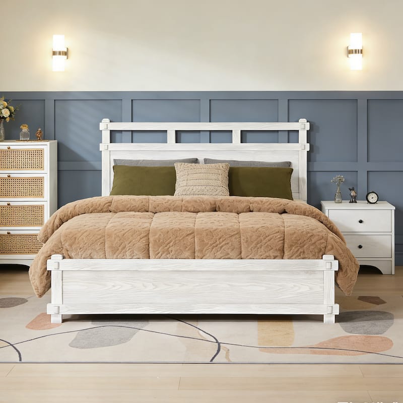 Christopher Knight Home - Farmhouse Platform Bed Frame with 2-Tier Headboard & Solid Wood Slat Support, No Box Spring Required