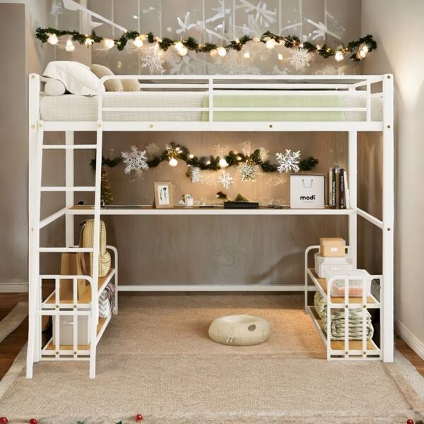slide 2 of 16, Metal Full Size Loft Bed with Desk, Storage Shelves and Charging Station White