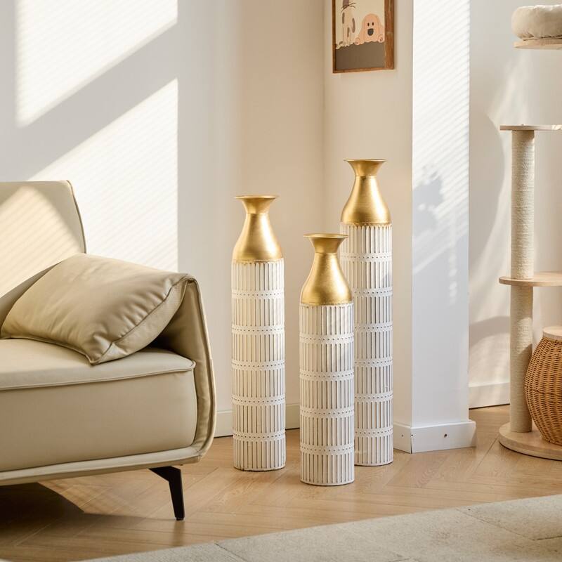 Set of 3 Tall White & Gold Metal Cylinder Vases - Glam Geometric Floor Vases for Modern Home Decor (24", 28.7", 33.4" Heights)