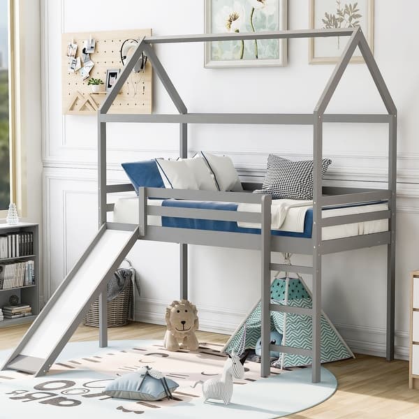 slide 2 of 12, Twin Loft Bed with Slide in Gray Grey