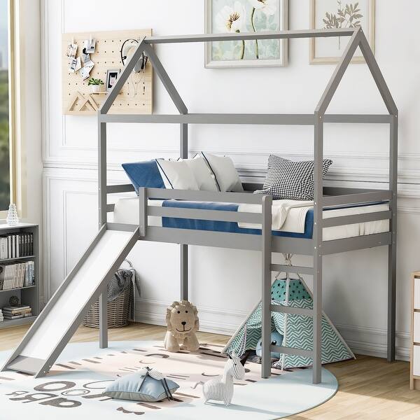 slide 2 of 25, Twin Size Loft Bed,House Bed with Slide and Many Supporting Slats,No box spring required Grey