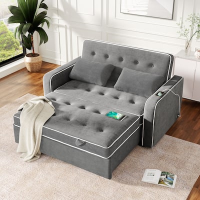 Upholstered Loveseat Pull Out Sofa Bed, Lounge Couch w2 Pillows & 2 USB Port, Adjustable Backrest Futon Sofa Tufted Couch