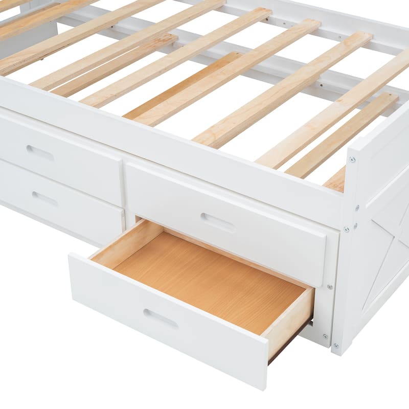 White Twin Size Extendable Wooden Platform Bed with Storage Headboard,Three Storage Drawers and Trundle