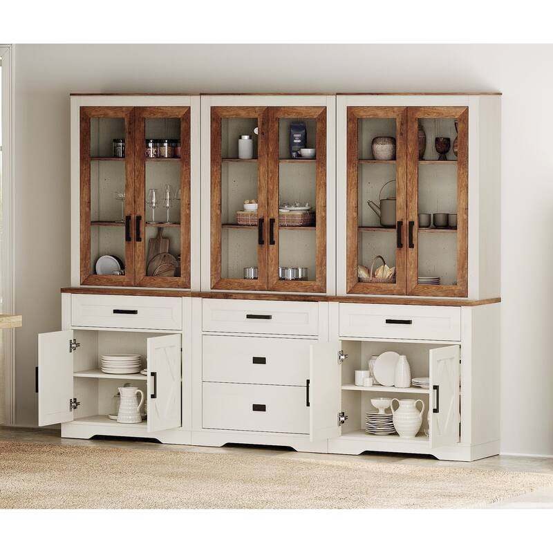 3-Column 73.3" Tall Bookshelf Set with Open Storage and Glass Doors