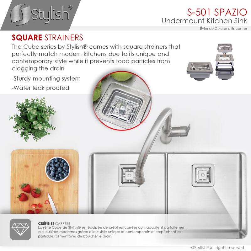 STYLISH 33 inches L x 18 inches W Stainless Steel Double Basin Undermount Kitchen Sink with Grids and Strainers