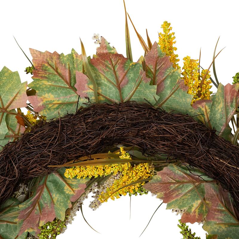 White Orange Hydrangea Artificial Fall Harvest Twig Wreath, 28", Unlit