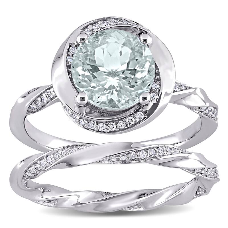 Miadora 10k White Gold Aquamarine and 2/5ct TDW Diamond Halo Swirl Bridal Ring Set