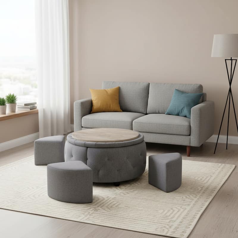 Indoor Grey Round Storage Ottoman Cocktail Set - Dark Grey