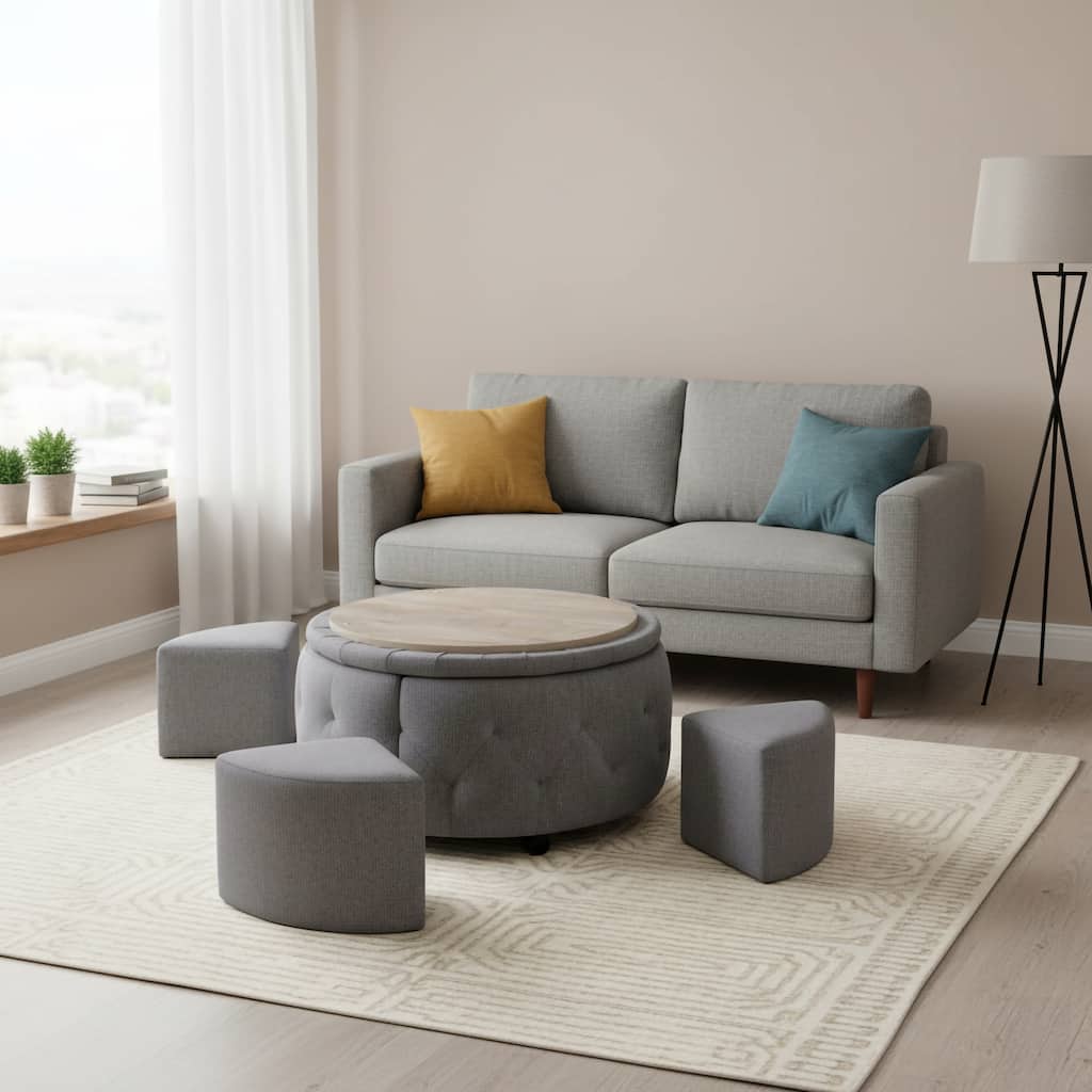 Indoor Grey Round Storage Ottoman Cocktail Set