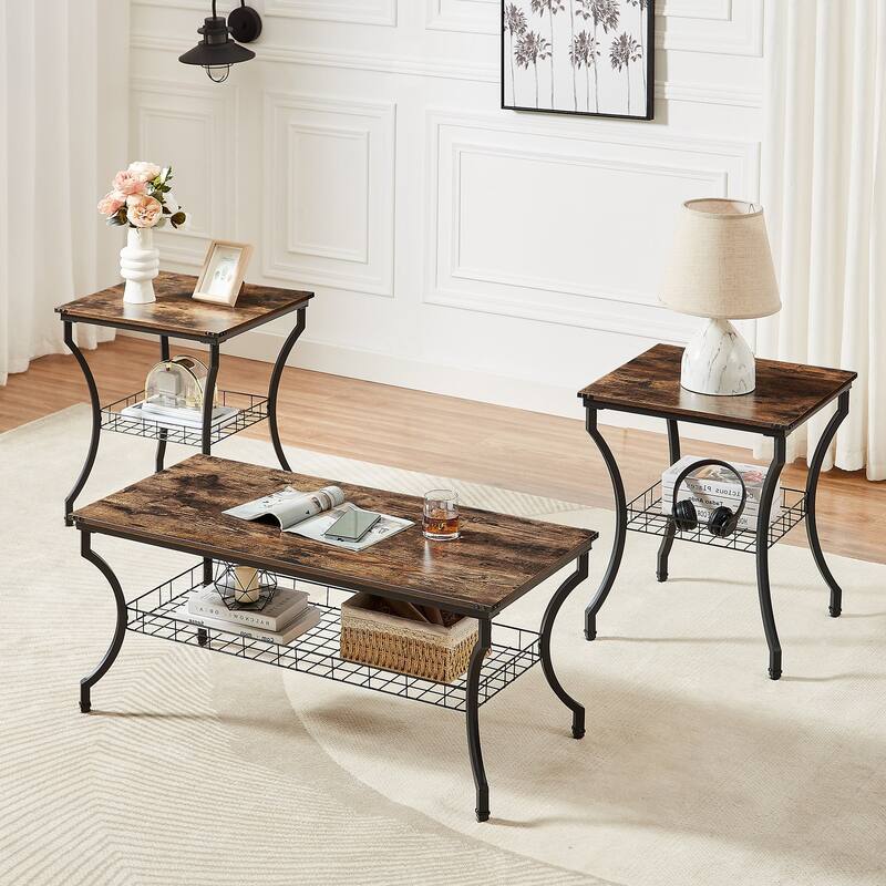 VECELO Mid Cectury 3-pieces Coffee Table Set, 3-Piece Living Room Table Set(Set of 3)