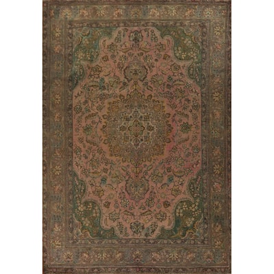Pink Tabriz Persian Vintage Area Rug Handmade Floral Wool Carpet - 6'7" x 9'8"