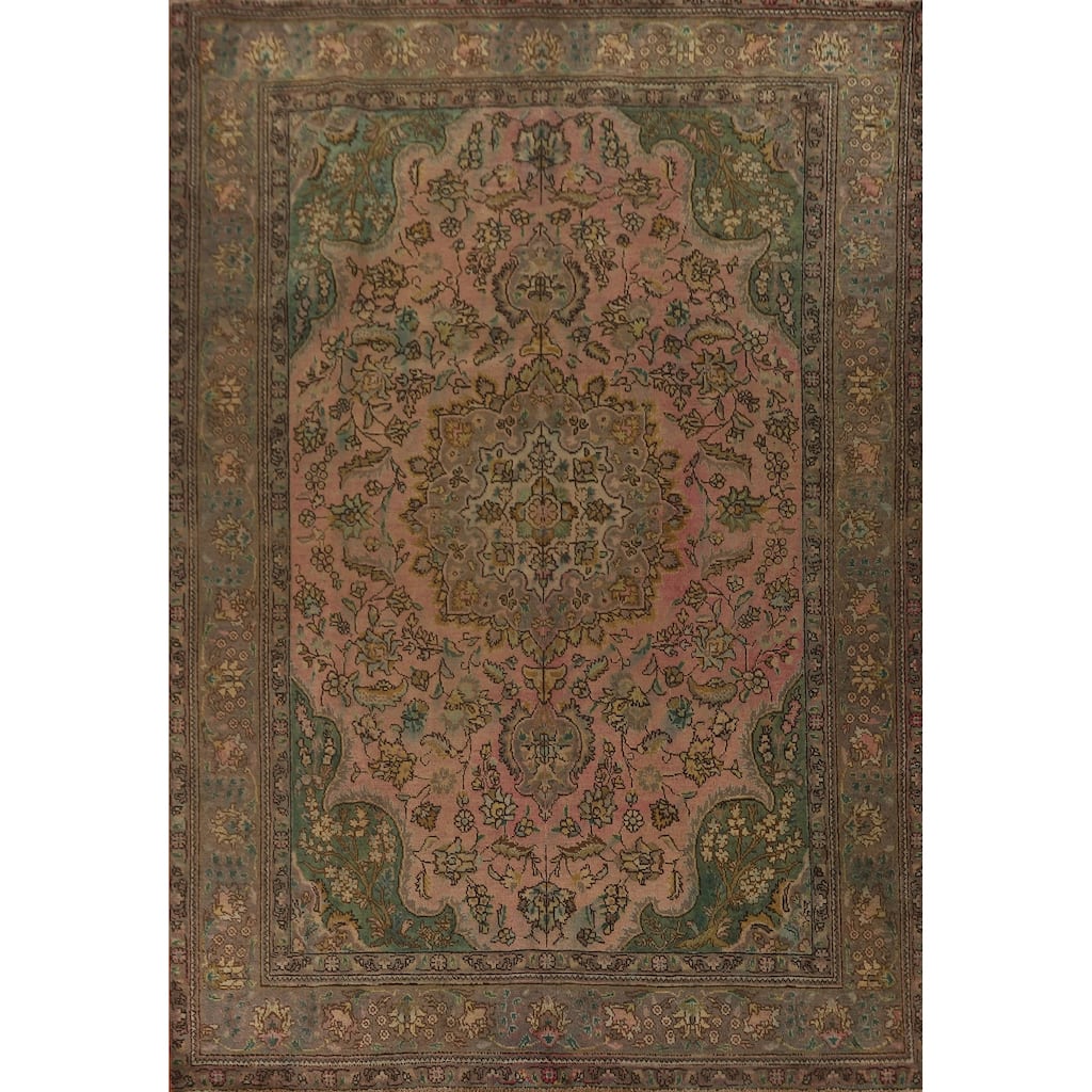Pink Tabriz Persian Vintage Area Rug Handmade Floral Wool Carpet - 6'7" x 9'8"