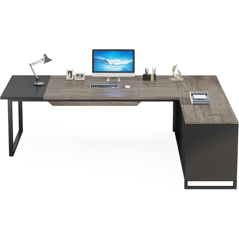 70" L-Shaped Executive Desk with 55" File Cabinet, Large Industrial with Storage, Retro Gray & Black