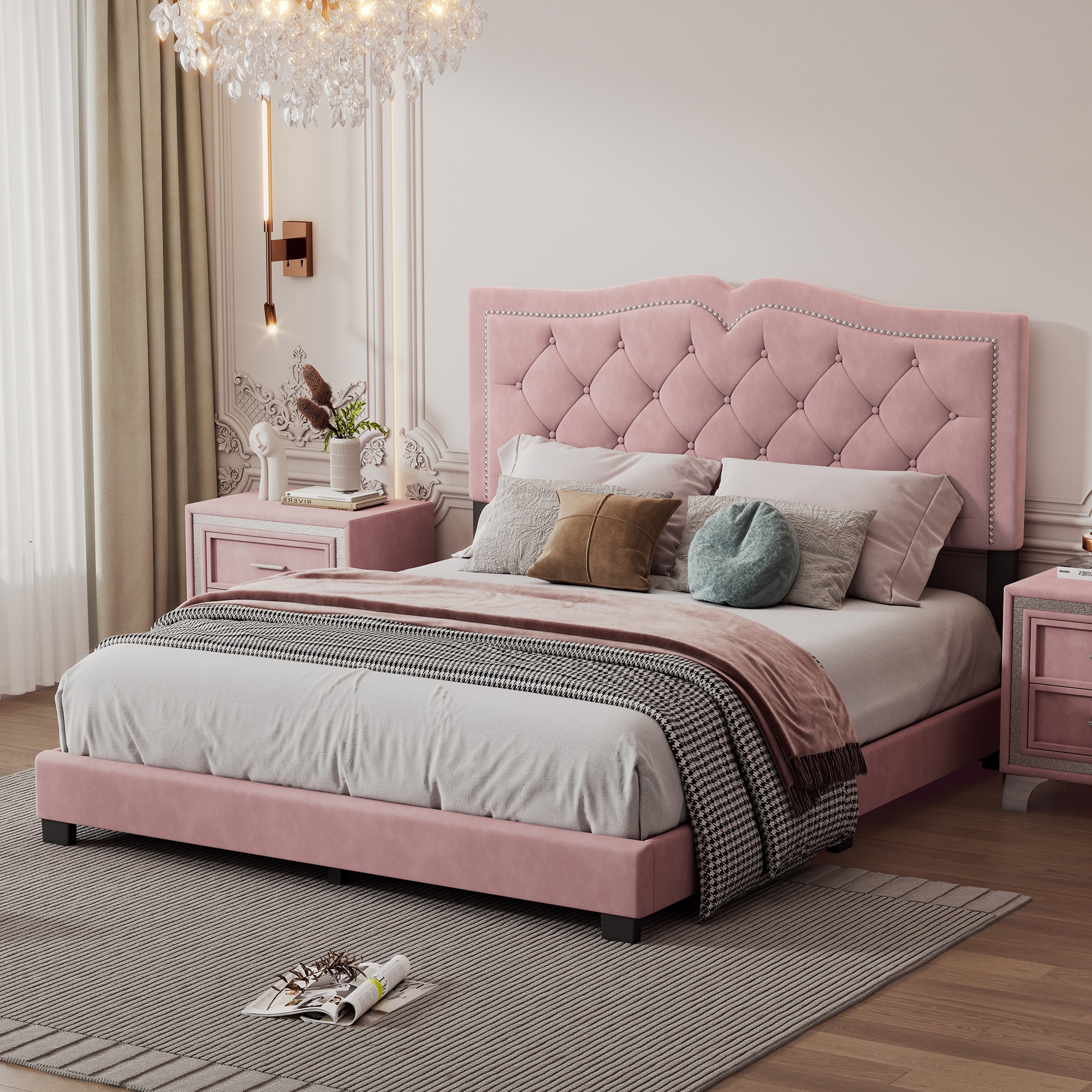 Pink Queen Size Velvet Upholstered Platform Bed with Tufted Headboard