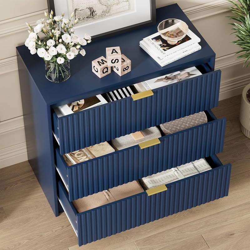 3 Drawer Fluted Dresser, 32 Inch Wide Nightstand with Large Drawer End Table for Bedroom