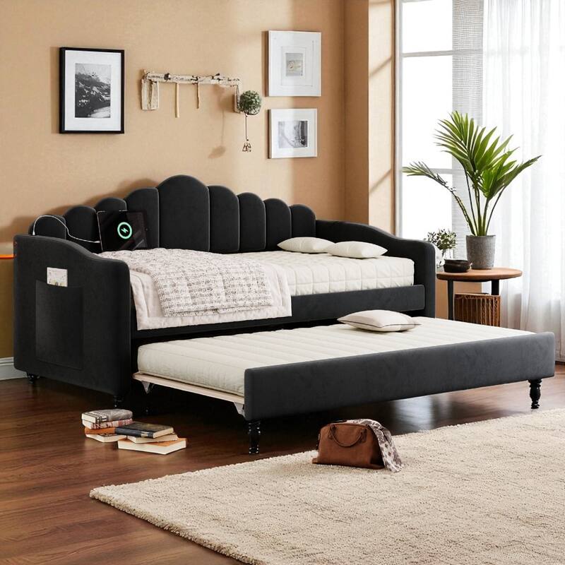 Twin Size Velvet Upholstered Daybed with Trundle, USB Charging Ports, Side Pockets, No Box Spring Required