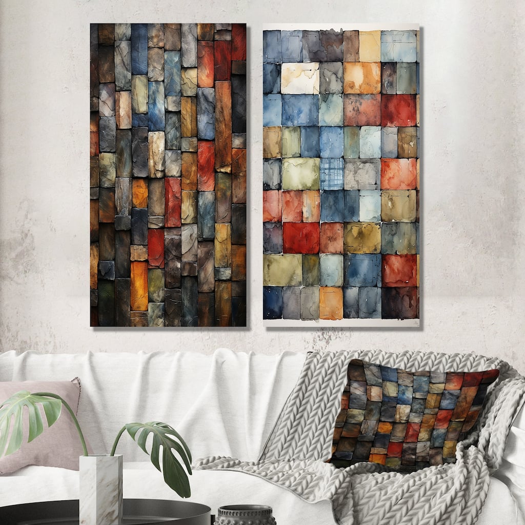Designart "Colorful Earth Colors Tiles II" Abstract Tile Canvas Set Of 2 - Modern Colorful Wall Art Set 2 Pieces