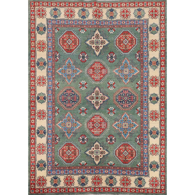 Kazak Oriental Area Rug Handmade Green Geometric Wool Carpet - 5'1" x 7'3"