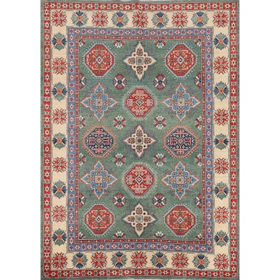 Kazak Oriental Area Rug Handmade Green Geometric Wool Carpet - 5'1" x 7'3"