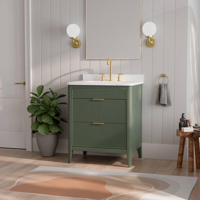 Modland 30" Freestanding Bathroom Vanity with Carrara Marble Top - Soft-Close Drawers,Green / Grey - 30 inch