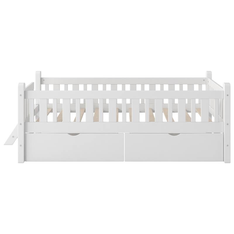 Wood Twin Size Platform Bed with Guardrail and 2 Drawers