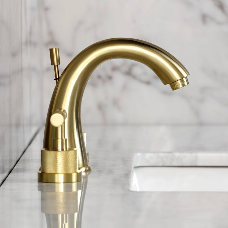 Kingston Brass Convergent Two-Handle 3-Hole Deck Mount Widespread Bathroom Faucet with Knurled Handle and Brass Pop-Up Drain