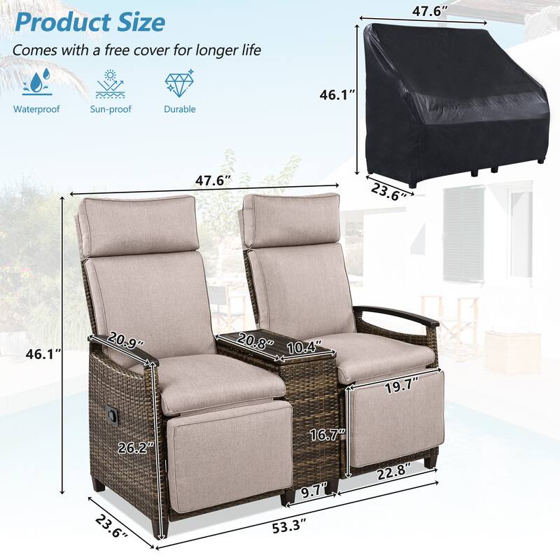 Outdoor Patio Recliner Loveseat Chair with Adjustable Backrest, All Weather 2 Seater PE Wicker Lounge Chair with Storage Box