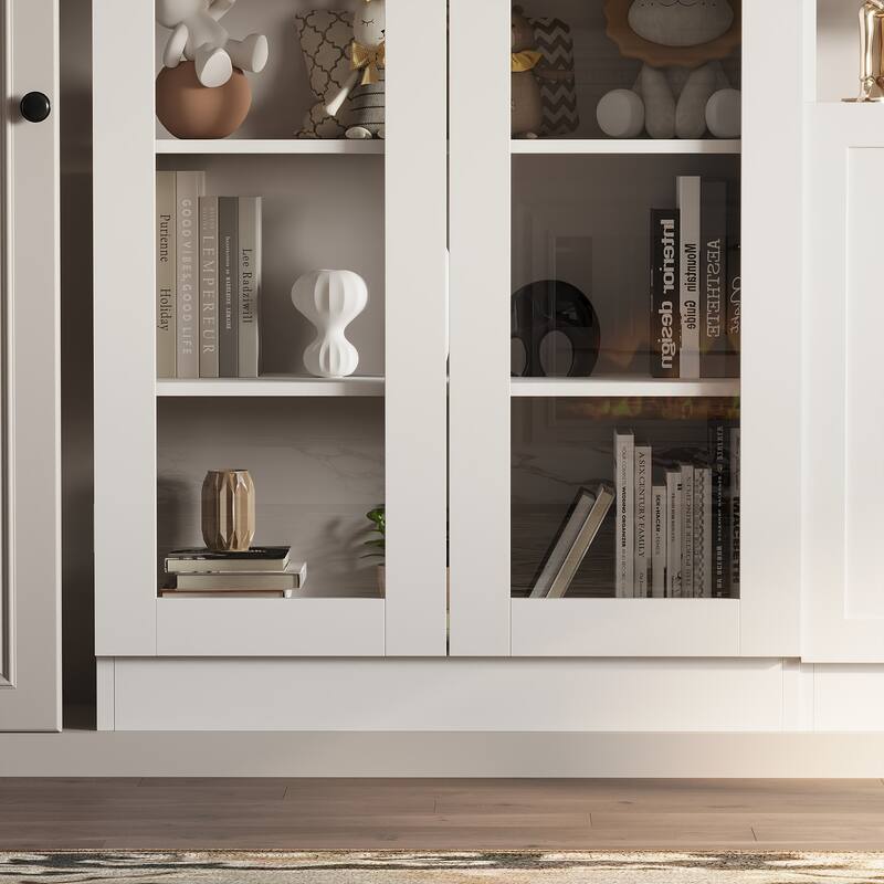 Bookcase Display Cupboard Curio Cabinet 2 Glass Door White Lacquer - 70.9"Hx31.5"W