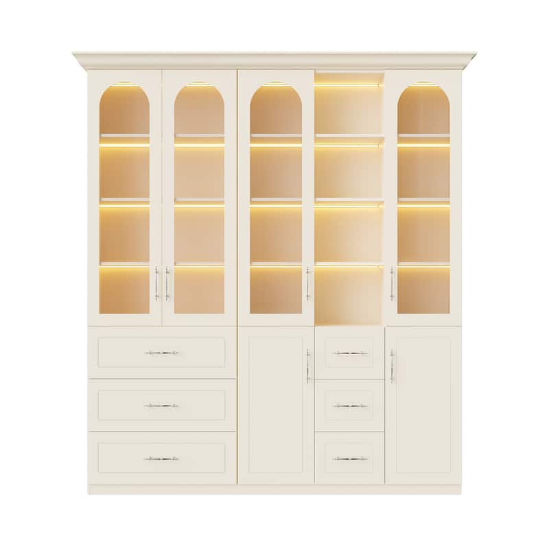 Modular Bookcase with LED Lights, Glass Door Storage Cabinet with Drawers, Large Display Shelving Unit Sideboard