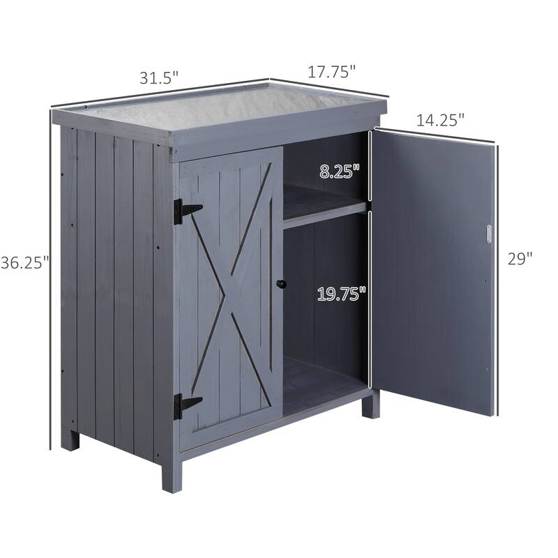 Rust-Resistant Outdoor Garden Storage Cabinet with Galvanized Top and Two Shelves, Grey Wood Tool Shed