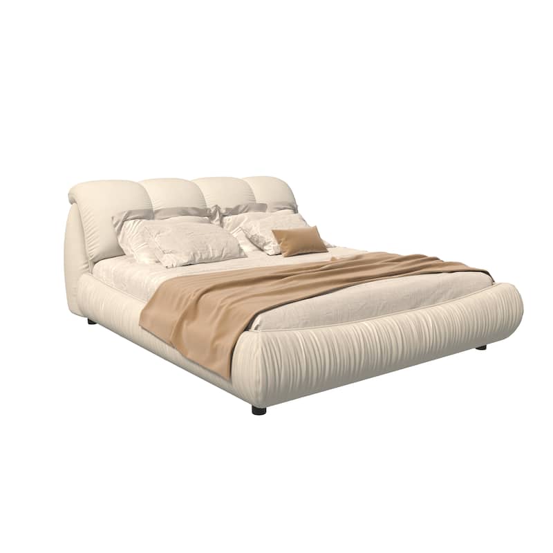 King Size Upholstered Platform Bed with Oversized Padded Headboard, Solid Wood Frame, Beige